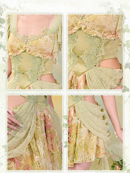 Green Fairycore Mori Lace A-Line Sleeveless Cut-out Dress - Virtual Orbit
