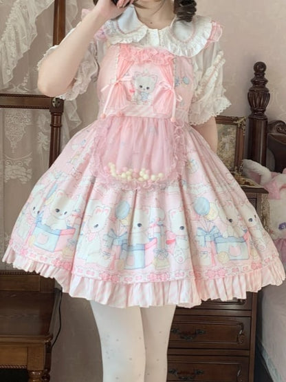 Pink Kitty and Polka Dots Pattern Sweet Lolita Overall Dress