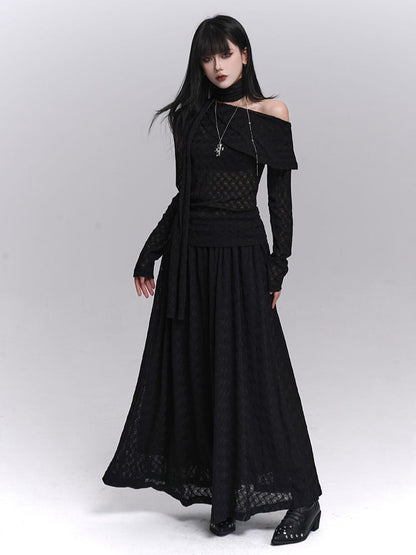 Strap Off-Shoulder Asymmetrical Black Matching Top with Gothic Neck