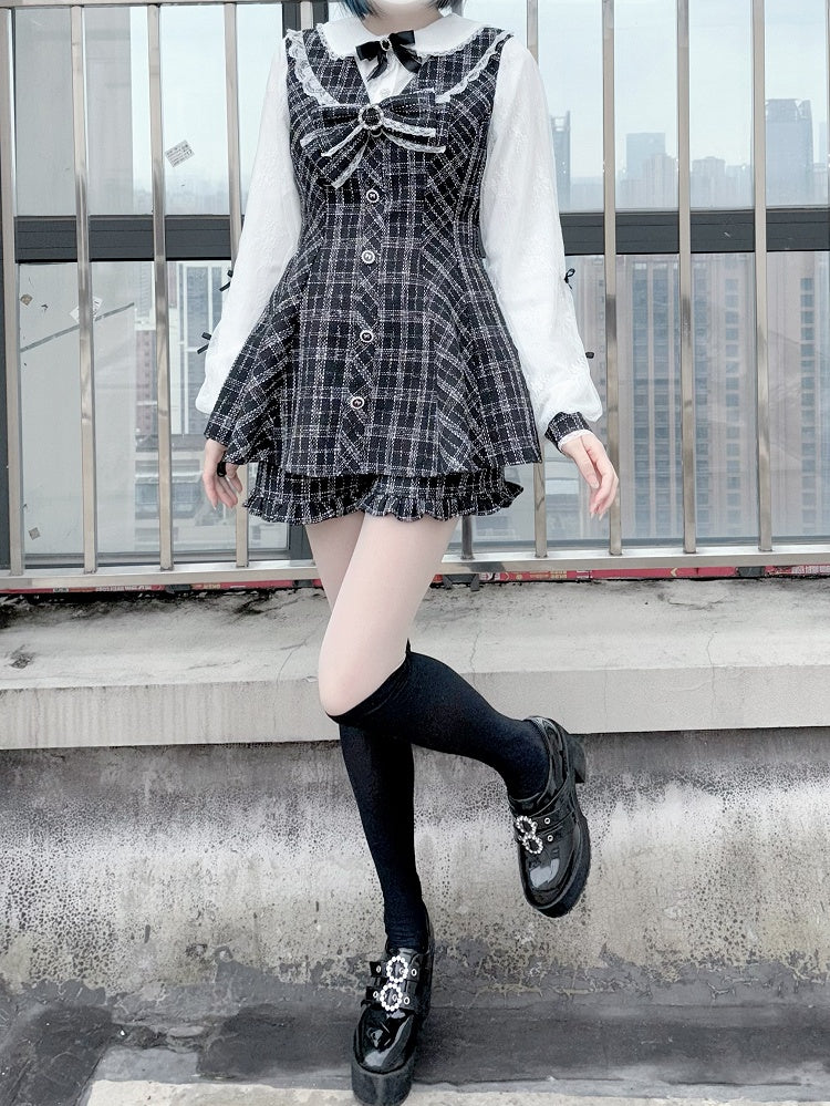ミニドレス、ショートパンツ付き、リボンセット、取り外し可能なビッグジライケイ、ブラック、ホワイト、ツイード、ピーターパンカラー
