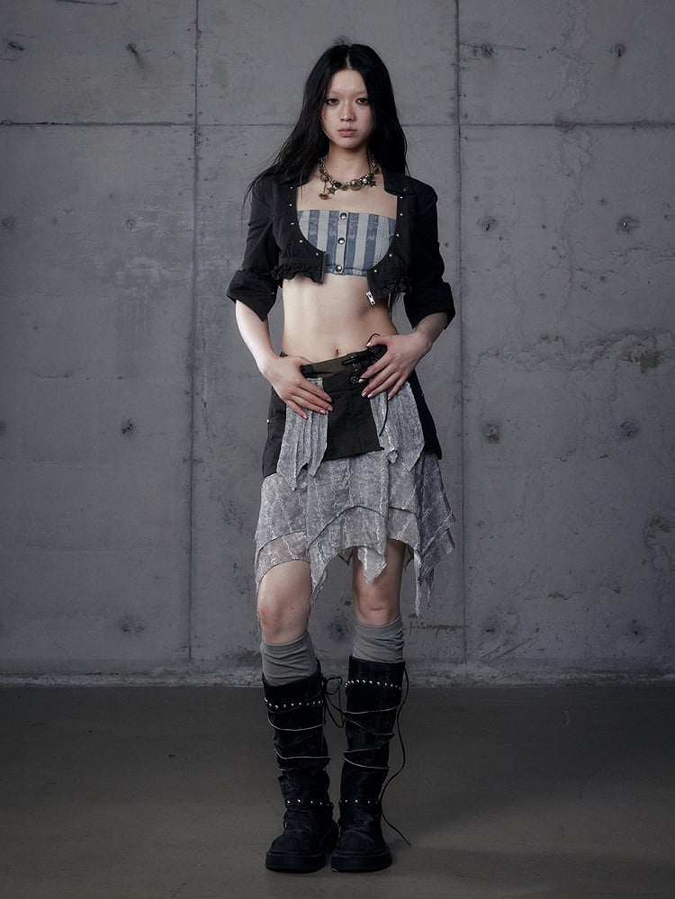 Gray Shirt: Length Underbust Vintage with Cropped Punk Black