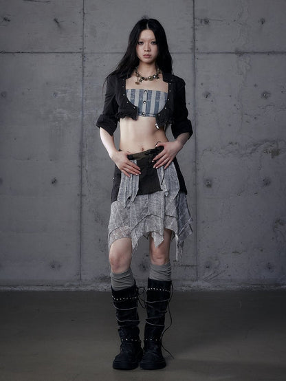 Gray Shirt: Length Underbust Vintage with Cropped Punk Black