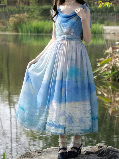 Blue Ocean Oil Painting Print Elegant Lolita Maxi Dress with Cowl Neckline and Tie Straps