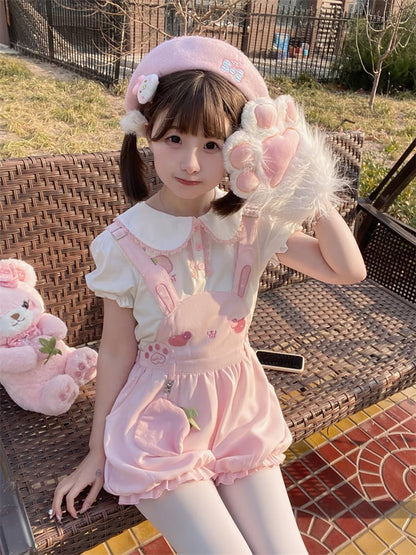 Adorable Bunny Design Pink Overalls Bubble Shorts
