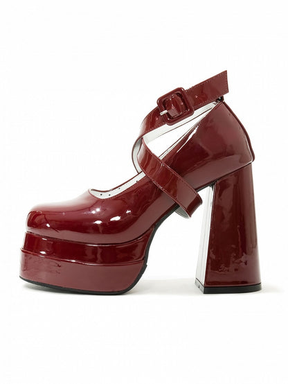 Block High Red in Buckle Elegant Heel Mary Double Janes Design Interchangeable Ribbons System Lolita Platform