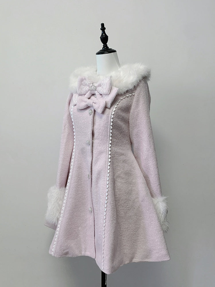 Long Landmine Cuffs Style Collar with Bow-Detailed Coat Waist-Cinching Pink Furry