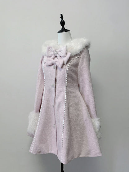 Long Landmine Cuffs Style Collar with Bow-Detailed Coat Waist-Cinching Pink Furry