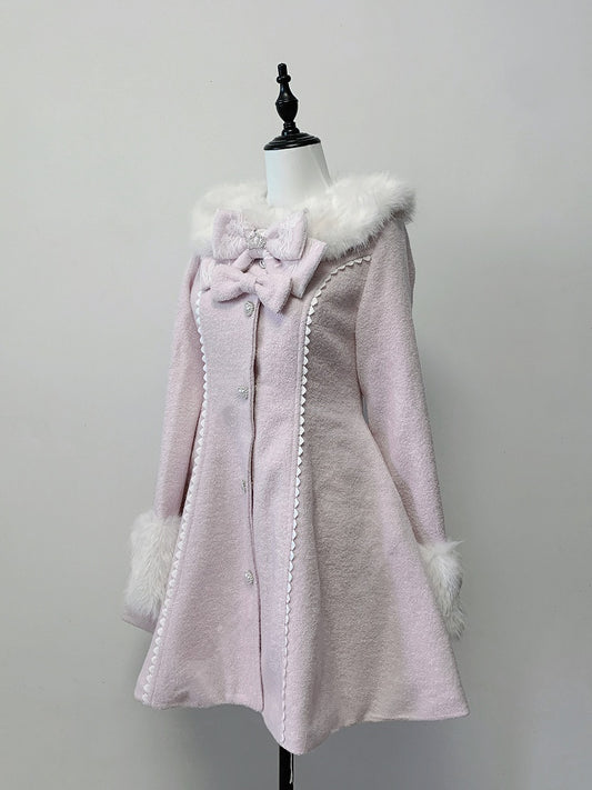 Long Landmine Cuffs Style Collar with Bow-Detailed Coat Waist-Cinching Pink Furry