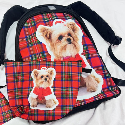 Red Christmas Backpack With Plaid Pattern And Puppy Print
