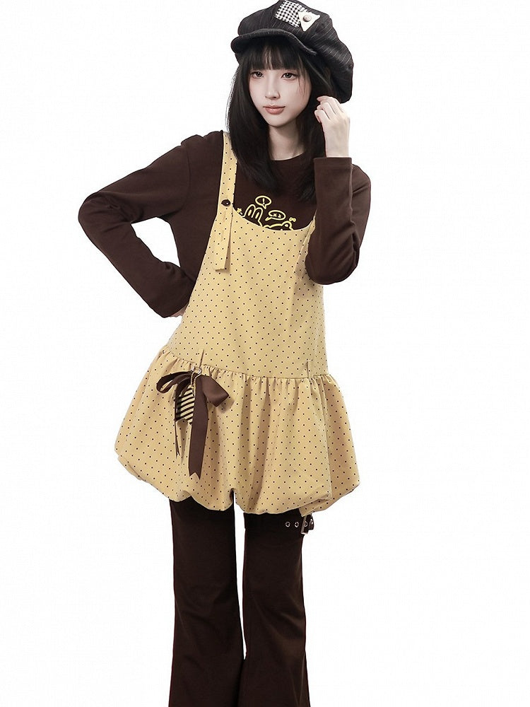 Kawaii Yellow Polka Dot Bubble Overall Skirt with Star Bow Charms - PINK SAVIOR