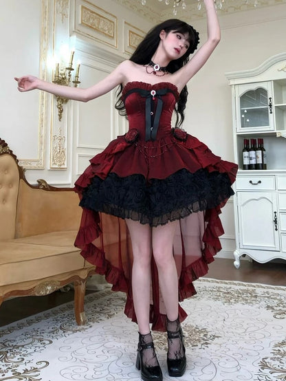 Lolita Bouquet Strapless Boned Red Gothic Hem with Black Rose Dress