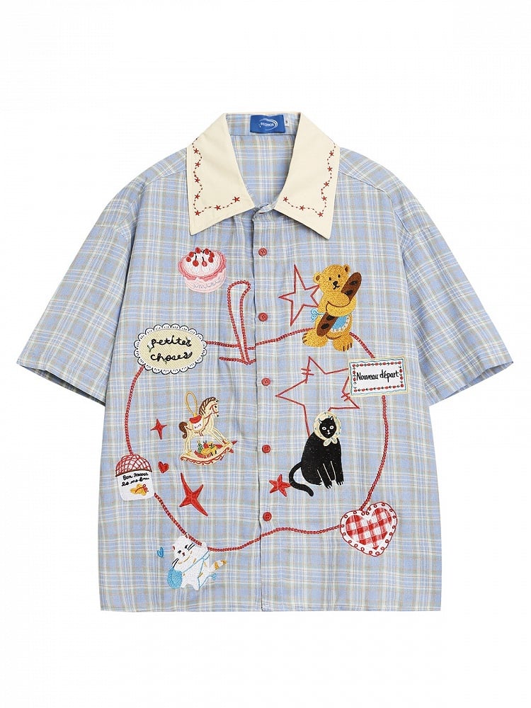 Daily Kawaii Blue Plaid Shirt with Animal Embroidery - Languid Park