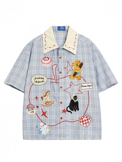 Daily Kawaii Blue Plaid Shirt with Animal Embroidery - Languid Park