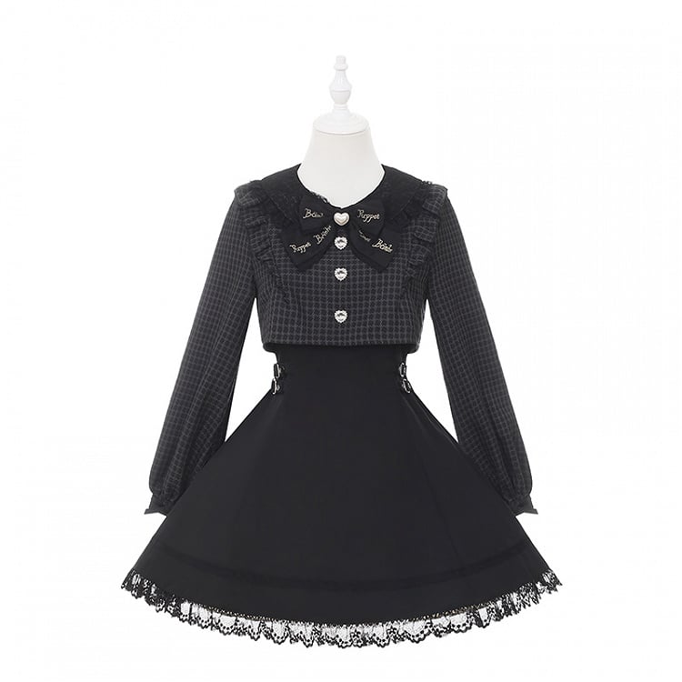 Hahnentrittmuster und lang mit Taille Faux Jirai Kleid Schwarz Kei Zweiteilige Schnallen Quadratisches Design Ärmel