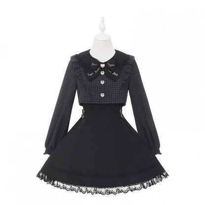 Hahnentrittmuster und lang mit Taille Faux Jirai Kleid Schwarz Kei Zweiteilige Schnallen Quadratisches Design Ärmel