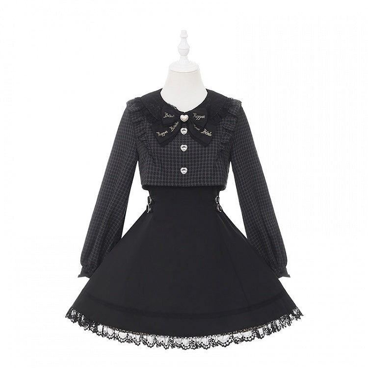 Black with Jirai Dress Square Houndstooth Waist Two-Piece Design Sleeve Buckles Long Faux and Kei