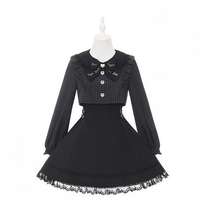 Black with Jirai Dress Square Houndstooth Waist Two-Piece Design Sleeve Buckles Long Faux and Kei