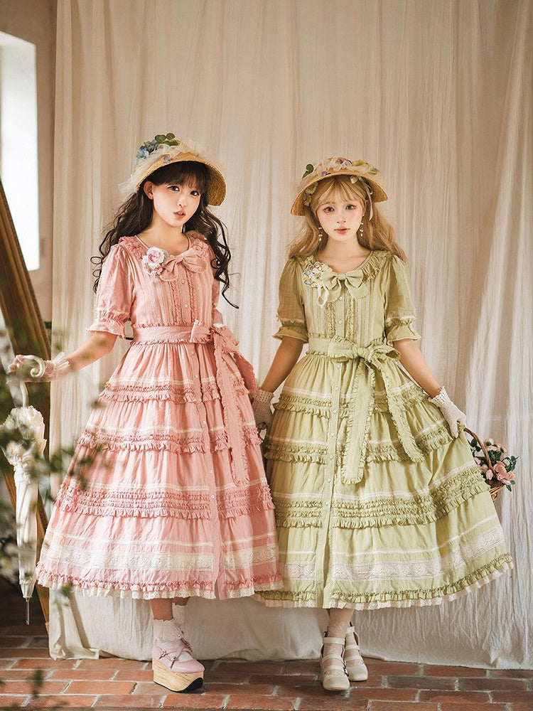 Green Layered Ruffles Elegant Lolita Dress Front Button Placket - Miss Point