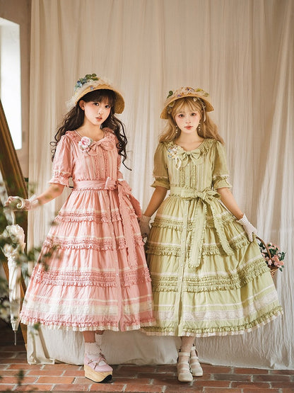 Green Layered Ruffles Elegant Lolita Dress Front Button Placket - Miss Point