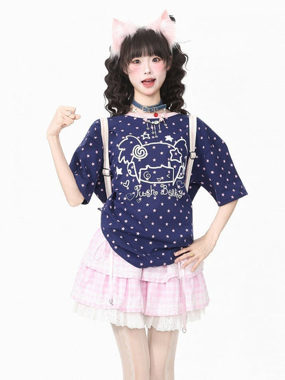 Dark Blue Short Sleeve Tee with Star & Cartoon Girl Print - Languid Park