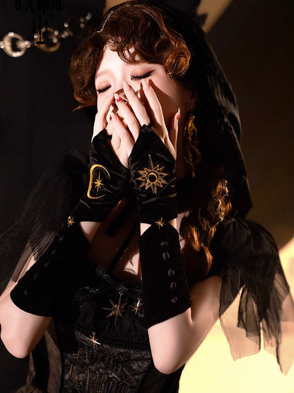 Black Embrodery Gloves Fingerless with Velvet