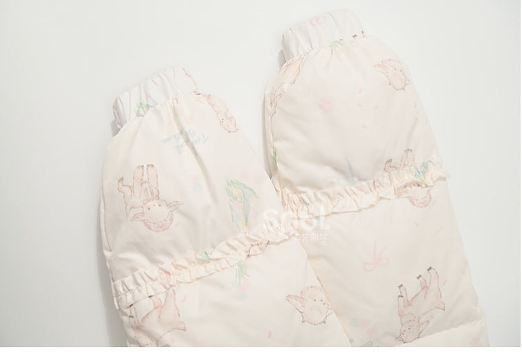 Süße weiße Daunenjacke mit Kapuze und Lamm-Print, kurze/lange Version