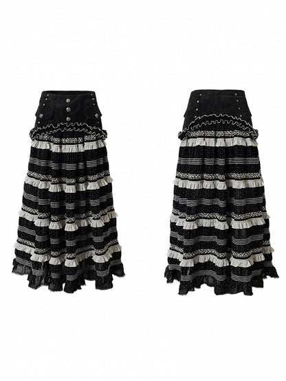Polka Tulle Gothic Waistband with Hem Striped Studded A-Line + Length Skirt Dots Floor Black