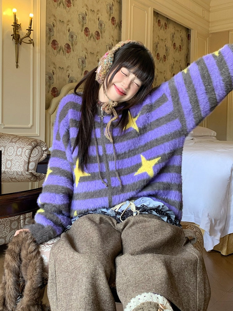 Stripe with Purple Pattern Star Zip-up Y2K Knit Jacket