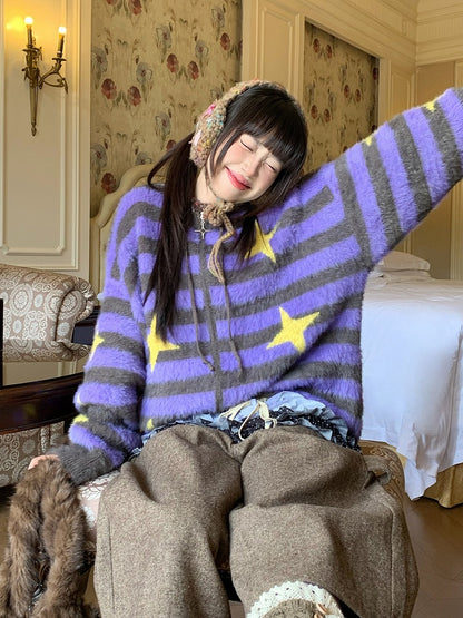 Stripe with Purple Pattern Star Zip-up Y2K Knit Jacket