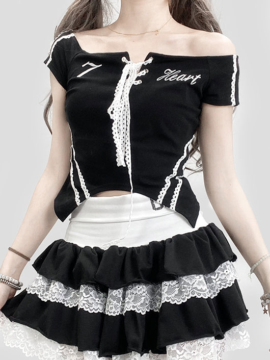 かわいいスカート ブラックホワイトトリム ビタースイート レース ティアード