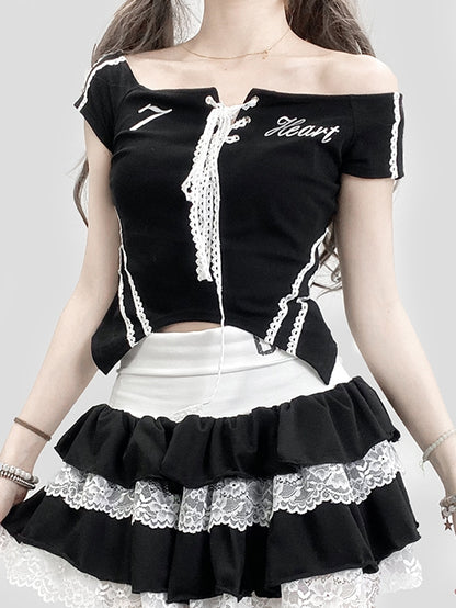 かわいいスカート ブラックホワイトトリム ビタースイート レース ティアード