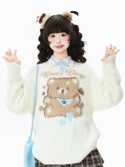 Round Teddy Brown/Apricot Kawaii in Bear with Sweater Daily Design Neckline Coffee