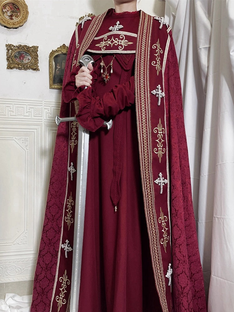 Cross Decorated Details Lolita Cloak and Wine Embroidery Red Nun