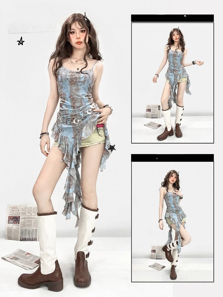 フラウンストップ、キャミソール、裾、グラマラスプリント、ブルー、バタフライ、アシンメトリー