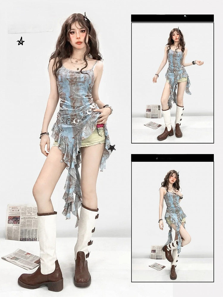 with Asymmetrical Blue Flounce Glamorous Butterfly Top Cami Hem Print