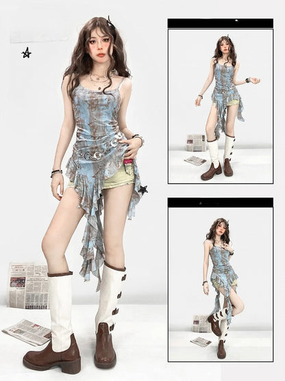 with Asymmetrical Blue Flounce Glamorous Butterfly Top Cami Hem Print