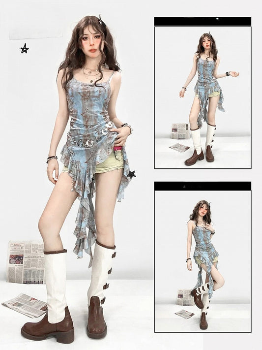 with Asymmetrical Blue Flounce Glamorous Butterfly Top Cami Hem Print