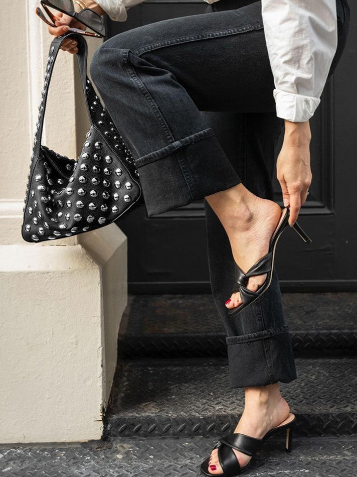 Edgy Black Studded Wide-Strap Shoulder Bag