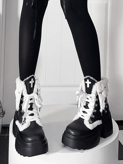 Punk Ankle with High Charm Cross Block Cuff Studded Heel Details Boots Plush Black Platform -
