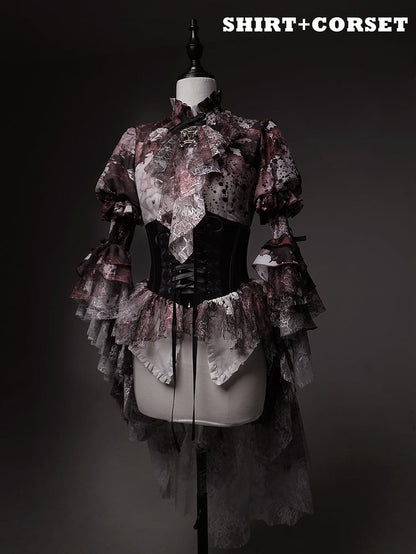 Print Black Red Bloodstain Gothic Lace Lolita Corset Boned with Train Belt