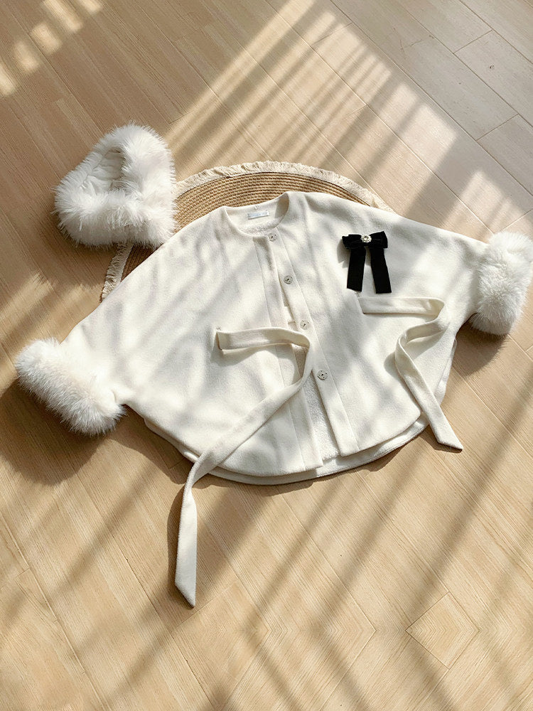 Detachable Lining Coat Fleece Cape with Fur Winter Lolita Collar White