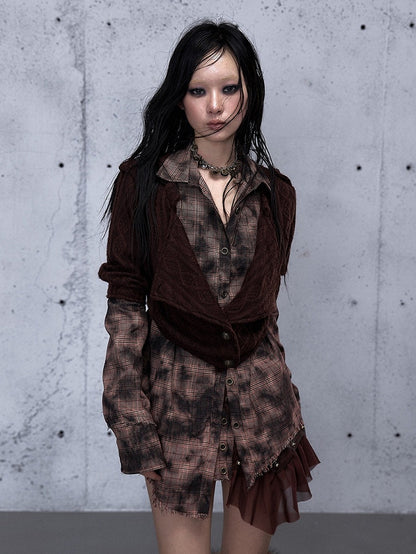 Long Shirt - Plaid Two-piece Sleeve Red Pattern Top Collar Brown