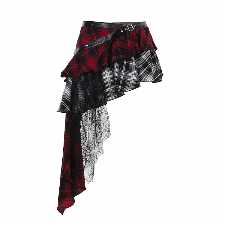 Rot-schwarzer asymmetrischer Karorock aus Netzstoff mit PU-Patchwork