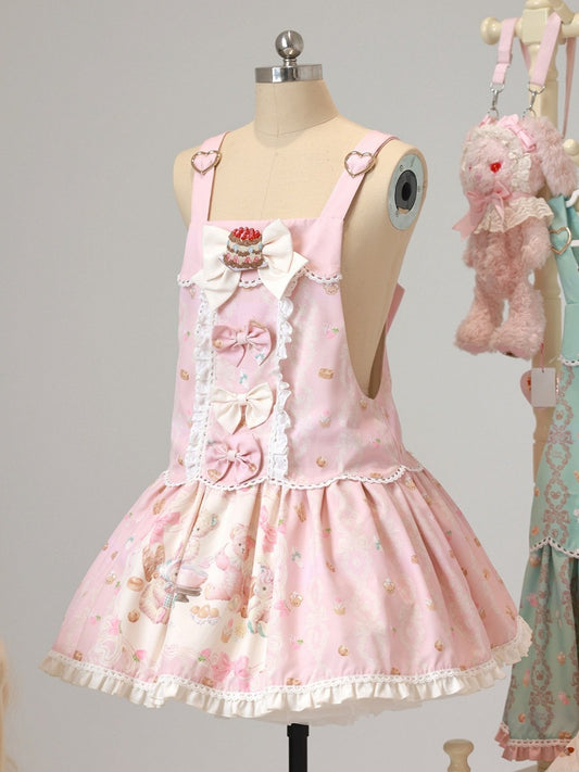Pink Bear & Strawberry Print Adjustable-Strap Jumper Dress - Honey Village
