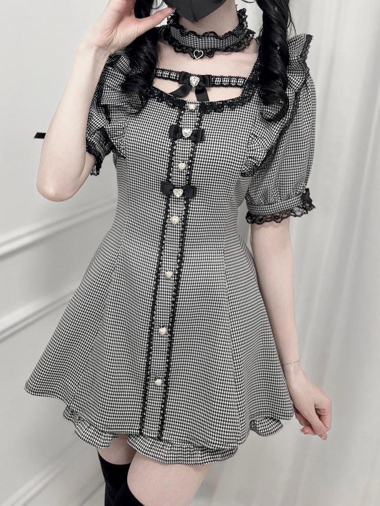 Set – Minikleid mit Flatterärmeln, Schleife hinten zum Selbstbinden + Shorts, Hahnentrittmuster, Jirai Kei + Halsband