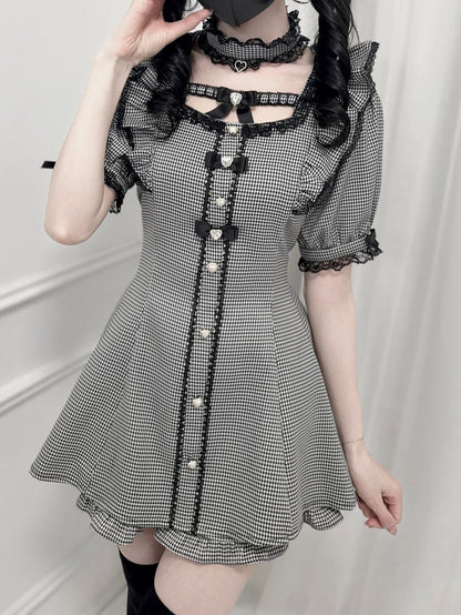 セット - フラッタースリーブセルフタイボウバックミニドレス + ショーツ ハウンドトゥース ジライケイ + チョーカー