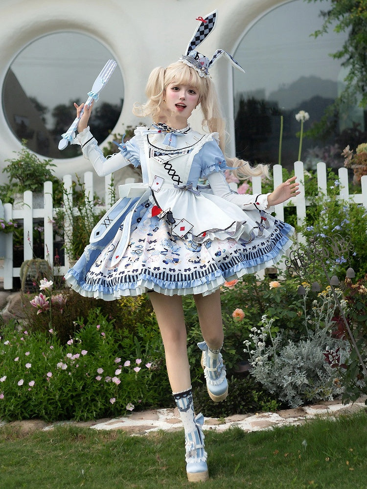 Sweet Lolita Apron Dress OP Full Set with Bunny & Teapot Print in Blue - Ying Luo Fu