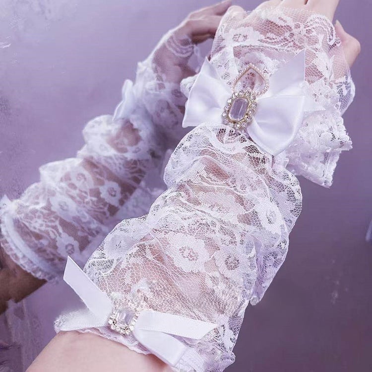 Option Cuffs Accents with White 3 Bow Wrist Lace Rhinestone
