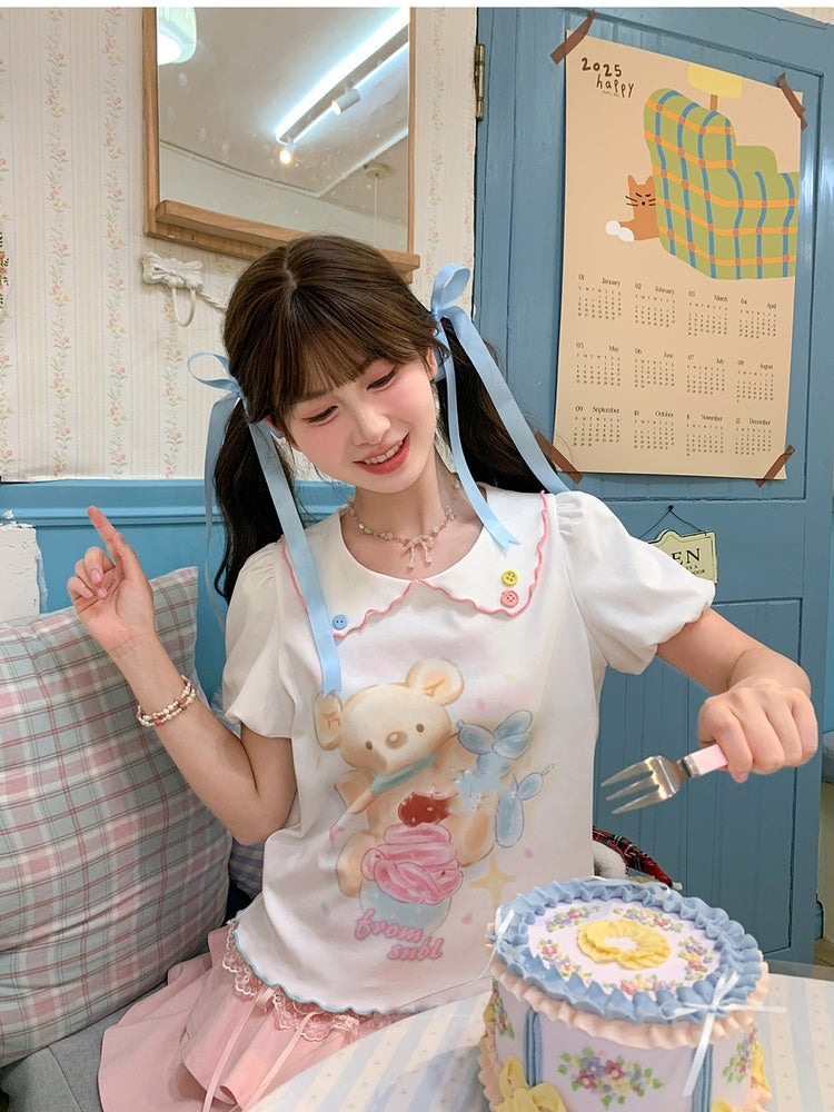 漫画のクマのプリント裾ホワイトピーターパンカラーパフスリーブコントラストレタスTシャツ