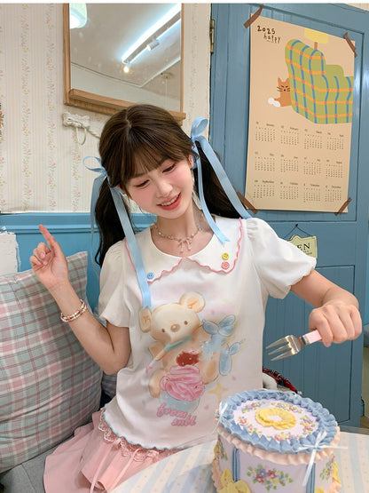 漫画のクマのプリント裾ホワイトピーターパンカラーパフスリーブコントラストレタスTシャツ